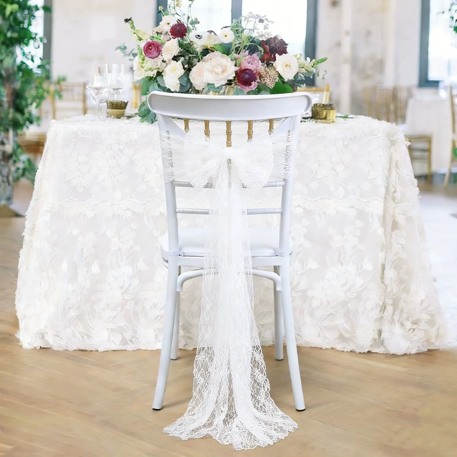 White Lace Vintage Chair Sashes with Bows Wedding Aisle Decorations Embroidered Jacquard Chair Bow Ties