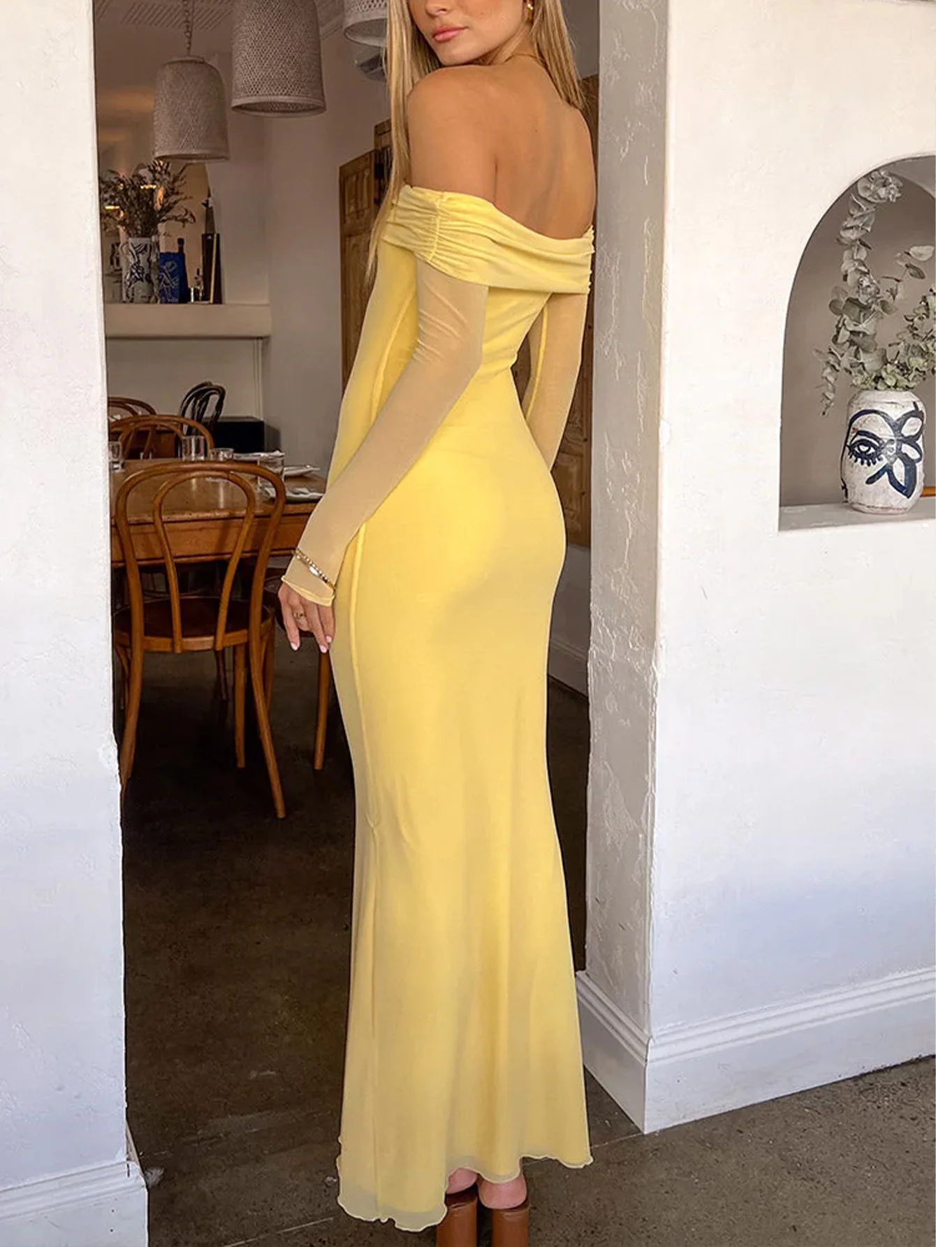 Robe de soirée pour femmes, épaules dénudées, manches transparentes, coupe ajustée, vison, style de rue, conte de fées, retour à l'école, invité de mariage, anniversaire