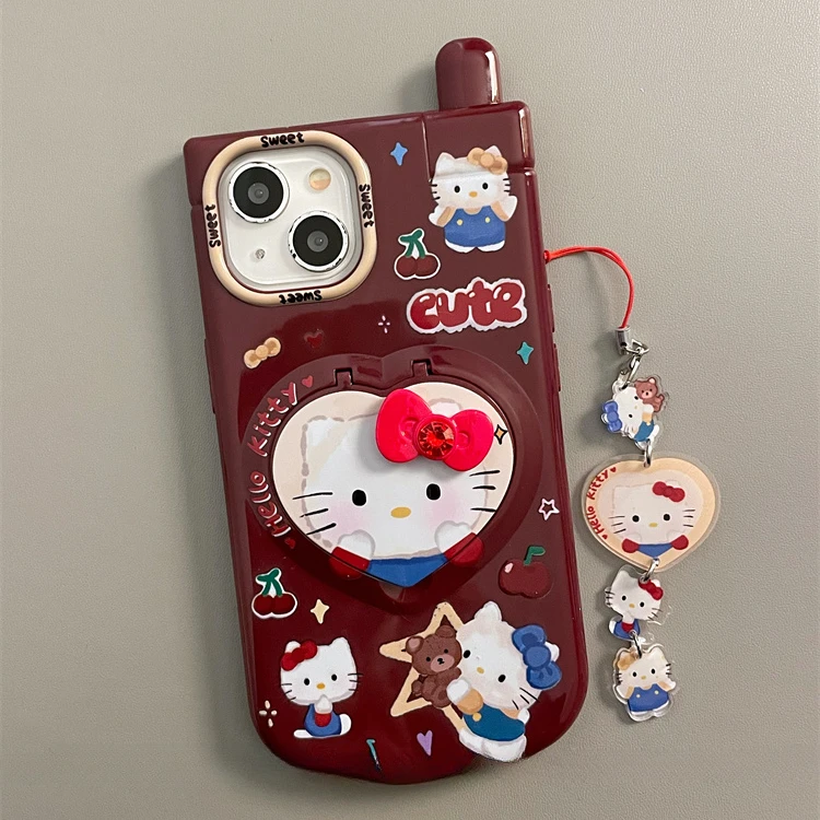 Capa para Celular Hello Kitty com Pingente de Espelho, Kawaii, Protetora, Anime, Engraçado, Moda, Sanrio, iPhone 11, 12, 13, 14, 15 Pro Max