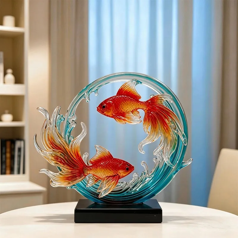 Luxury Wind and Water Rise Double Koi Art Sculpture Ornament Living Room Entrance TV Cabinet Statuette Decoration Gift