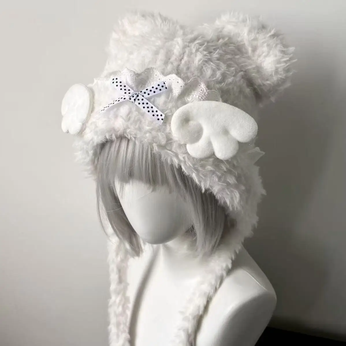 Subculture Y2k Cat Ear Hat Gothic Punk Angel Wing Lace Bow Decoration Fluffy Autumn Keep Warm Beanie Warm Knitted Fluffy Caps