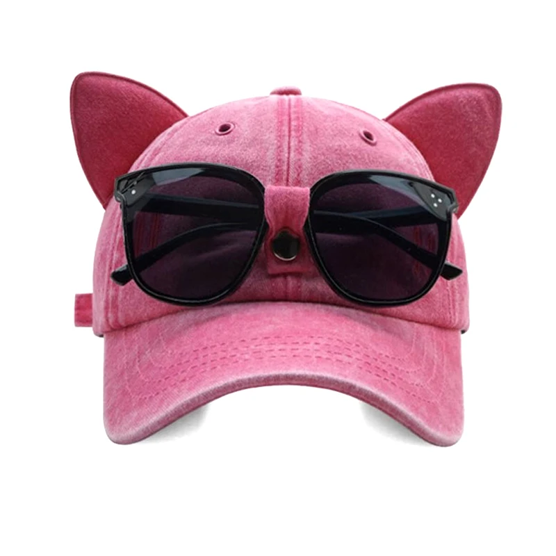 Girls Cat Ears Sunglasses Pink Baseball Cap Ins Personality Ins Trendy Cool Girl Cap Washed Retro Cotton Baseball Hat