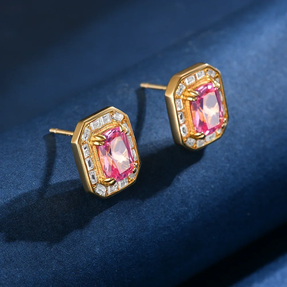 

HOT SALE S925 silver 2ct rectangular 6 * 8 sapphire/emerald wood color versatile temperament earrings for wedding jewelry