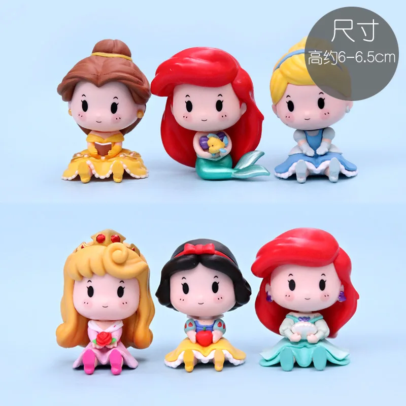 6Pcs/Set Disney Princess Q Version Snow White Cinderella Ariel Bella Aurora PVC Action Figures Cake Decorations Model Dolls Toys