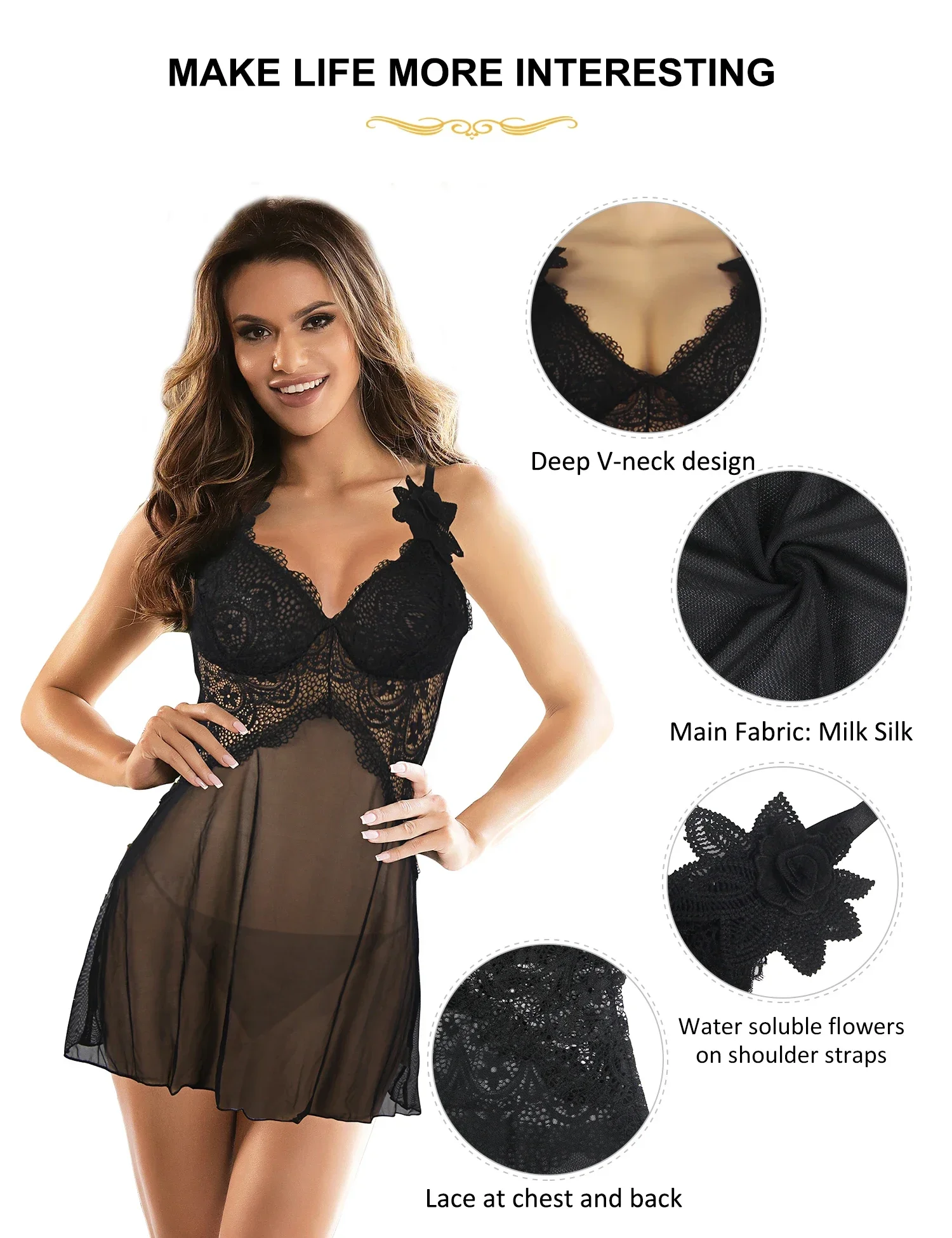 Comeondear Women's Nightgown Large Size Lingerie Strap Night Dress Leopard Lace Nighty Pajamas Sexy Outfit Nightwear with Thongs