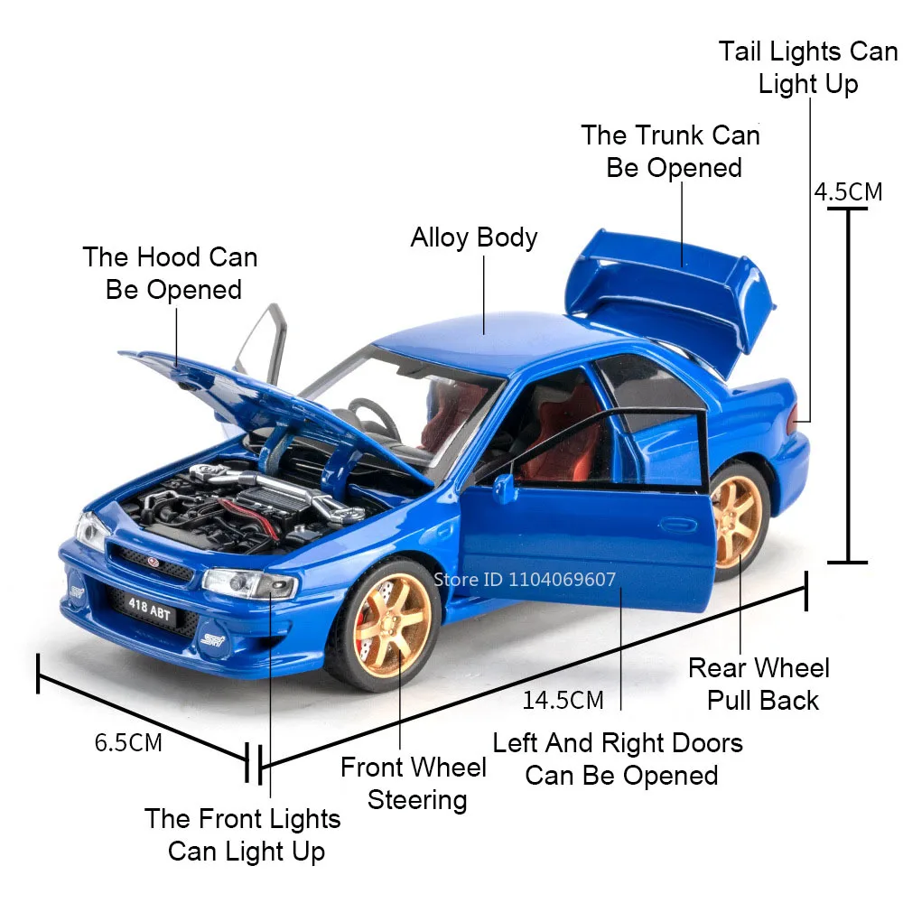 1:32 SUBARU Impreza Mini Car Toy Models Metal Diecast Sound Light Doors Opened Pull Back Rubber Tires Festival Gifts for Childre