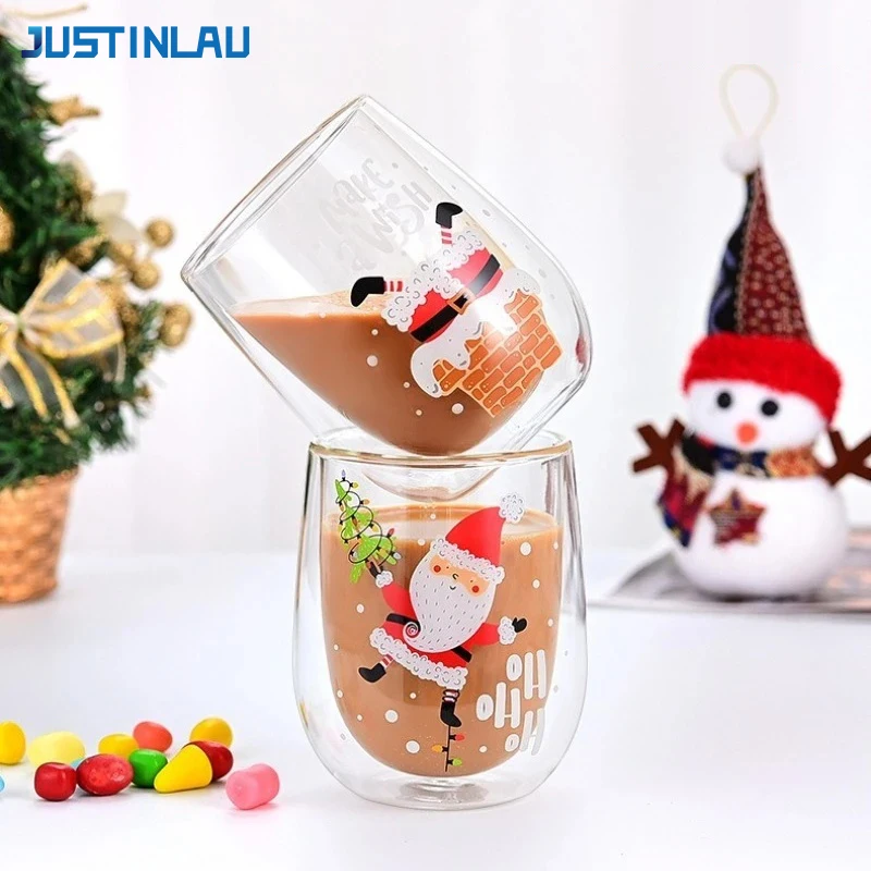 كوب زجاجي لعيد الميلاد بنمط سانتا كلوز كوب قهوة مزدوج الجدار كوب ماء للإفطار للأطفال في المنزل/المكتب أدوات للشرب هدايا عيد الميلاد