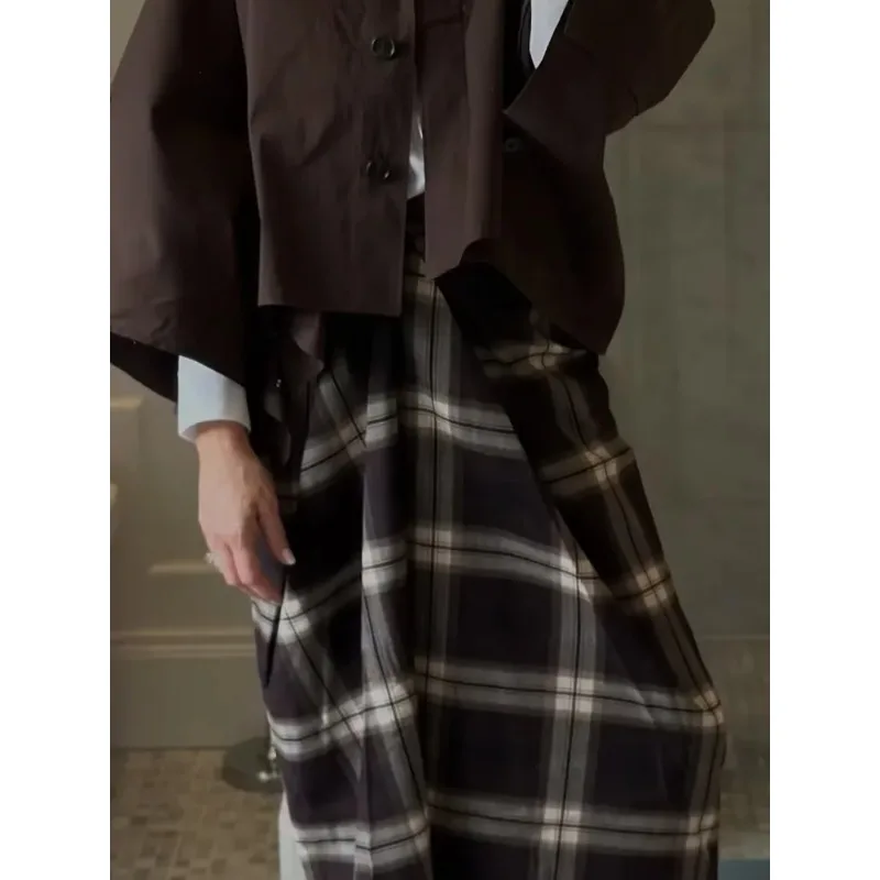 

Women Plaid Checked Midi Skirt Elegant Pleated Irregula Slim High Waist Midlength Bottom Skirts 2026 Office Commute Daily Wear