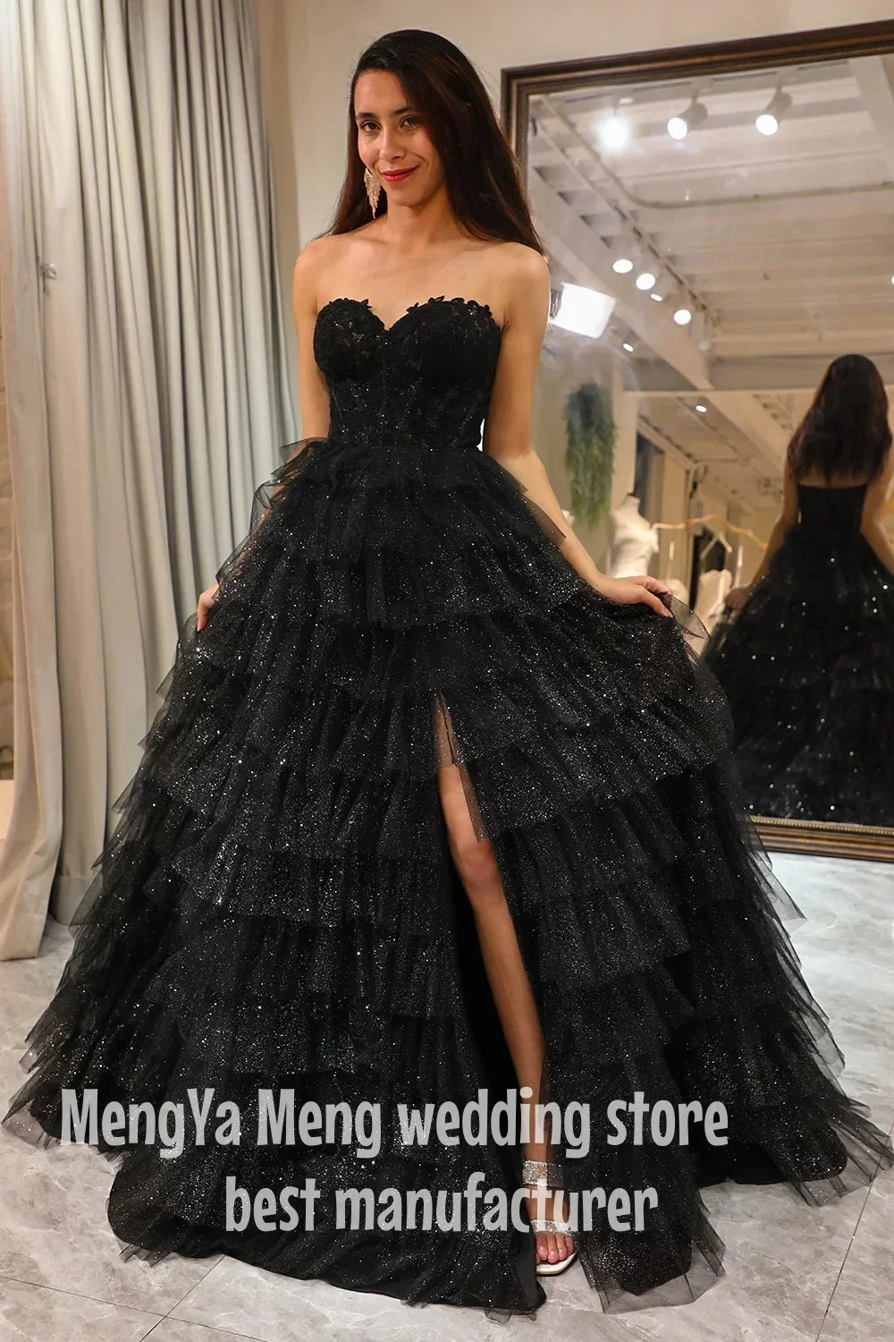 

ZHUISHU Black Strapless Tulle A-line Prom Dress Heart Shape Neck Tiered Ruffle Elegant Side Split vestidos de fiesta