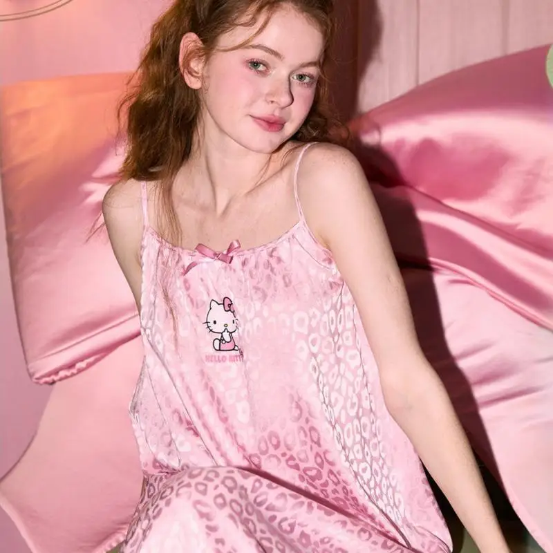 

Sanrio New Women's Sleep Dress Hello Kitty Sleep Dress Leopard Print Satin Sling Super Fairy Home Party Summer Night Skirt Gift