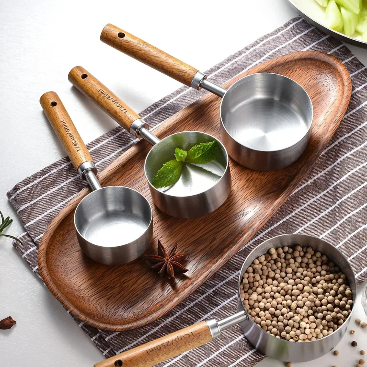 

Elegant Stainless Steel Measuring Cups and Spoons Set with Premium Quality Silver Wooden Handles - Must-Have Kitchen Accessories