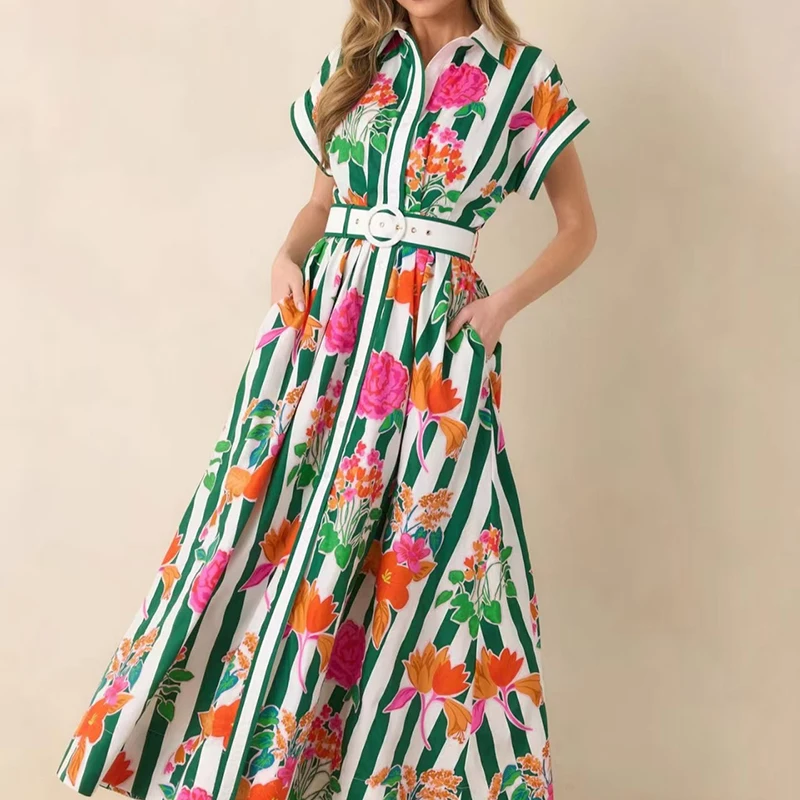 Casual Pocket Hight Waist Party Dresses Women Fashion Pattern Print Short Sleeve Dress Elegant Lapel Match Belt Waist Long Dress