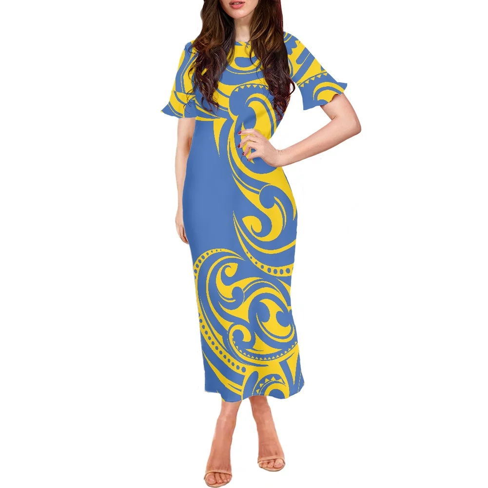 

Luxury Design Golden O-neck Short Sleeve Clothing Samoa Polynesian Tribal New Long Dress Women Floral Print Maxi Dress