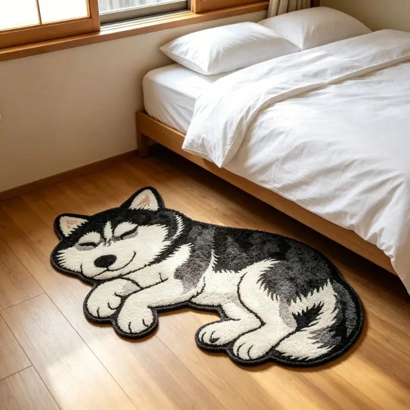 VIKAMA Irregular Husky Dog Shaped Rug Cute Sleeping Puppy Non‑Slip Soft Floor Mat for Bedroom Living Room Home Decor