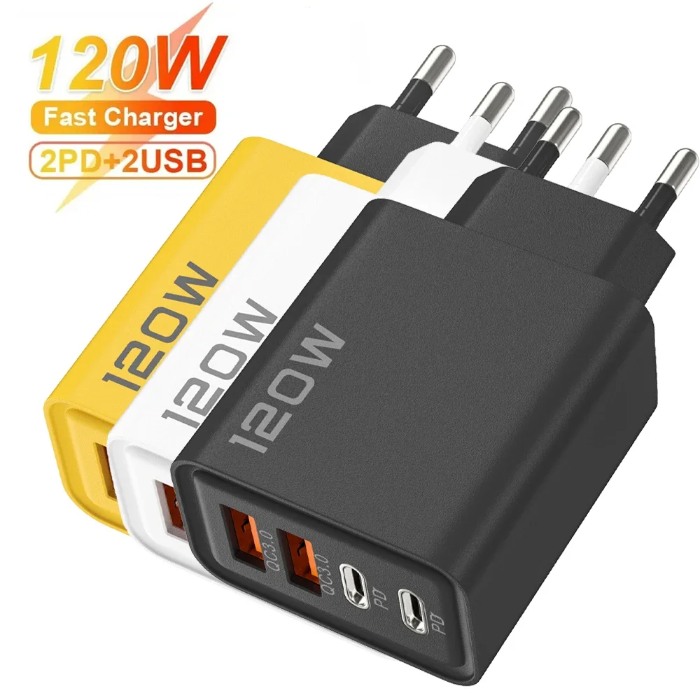 120W Fast Charging USB Charger 4 Port USB Type C Mobile Phone Charge Adapter for iPhone 15/16 Samsun