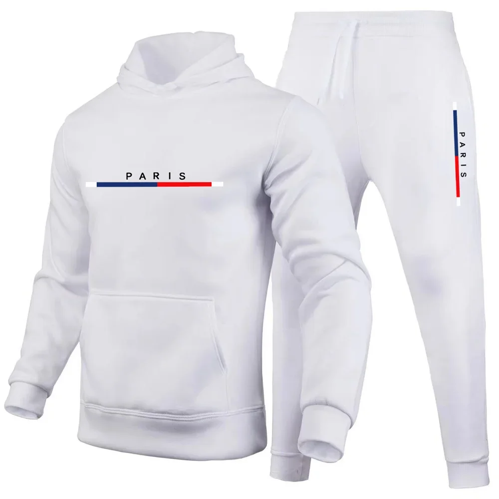 Paris Print, Men\'s 2Pcs Outfits, Casual Hoodies Long Sleeve Pullover Hooded Sweatshirt and Sweatpants Joggers Set for Spring Fal