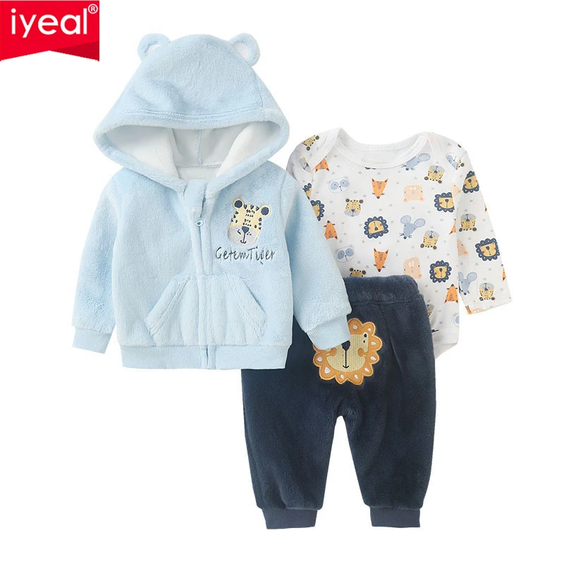 

IYEAL комплект зимней одежды для маленьких мальчиков и девочек, бархатная куртка с капюшоном и длинными рукавами + боди + штаны, одежда для новорожденных, унисекс, костюм для новорожденных