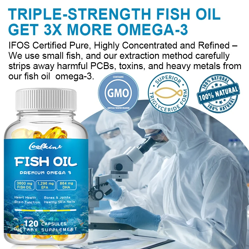 Omega-3 Fish Oil Capsules -rich in EPA, DHA - Support Brain & Cardiovascular & Skin Health, Antioxidant & Improve Memory