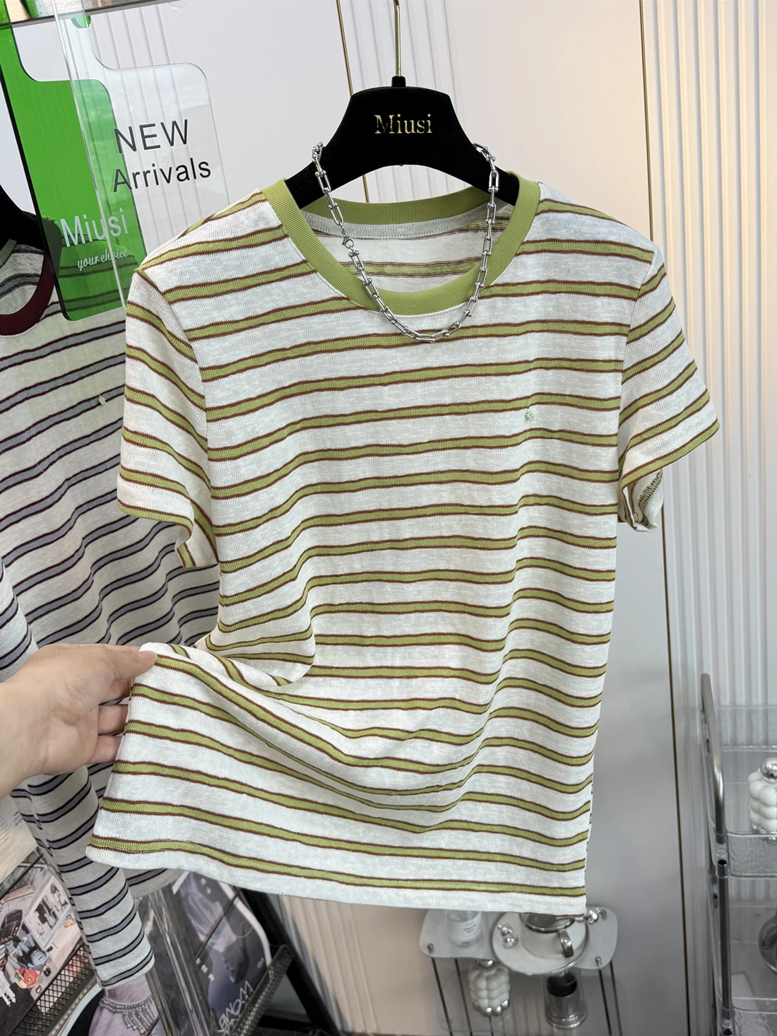 Slimming Women's Striped T-shirt Korean Style Loose Fit Belly Covering Beautiful Quality Short Sleeve Summer Top Shoulder