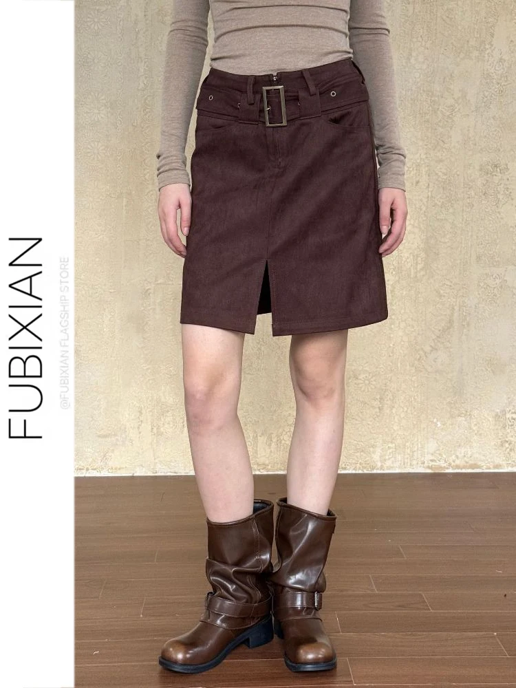 

Юбка миди A-силуэта из замши цвета кофе, винтажная, прямого кроя, осенне-зимняя новинка, женская, из полиэфирного волокна