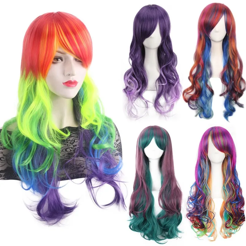 Perruque de Cosplay Anime, accessoires de vêtements de Convention de bande dessinée, dégradé de couleur, cheveux longs bouclés, couvre-chef pour femme, couverture de perruque pour cheveux longs