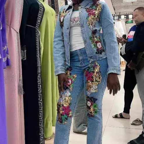 

Женский повседневный джинсовый комплект с длинными рукавами, летний костюм-двойка для отдыха, топ и брюки, комплект из двух предметов, Cleanfit, со средней/низкой талией, из ПВХ.