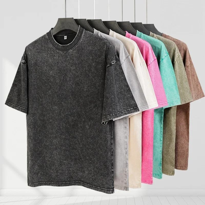 

American Style Retro Heavyweight Solid Color Short Sleeved T-shirt Men Women Summer Street Trendy Washed Old Oversized Clothes