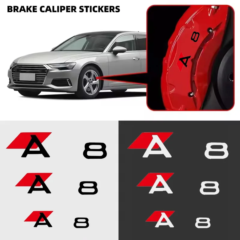 6PCS for Audi A8 Logo A8L TFSI Quattro A3 A4 A5 A6 A7 S2 S3 S4 S5 S8 Q5 Q8 Vehicle Brake Caliper Cover Vinyl Sticker Car Styling