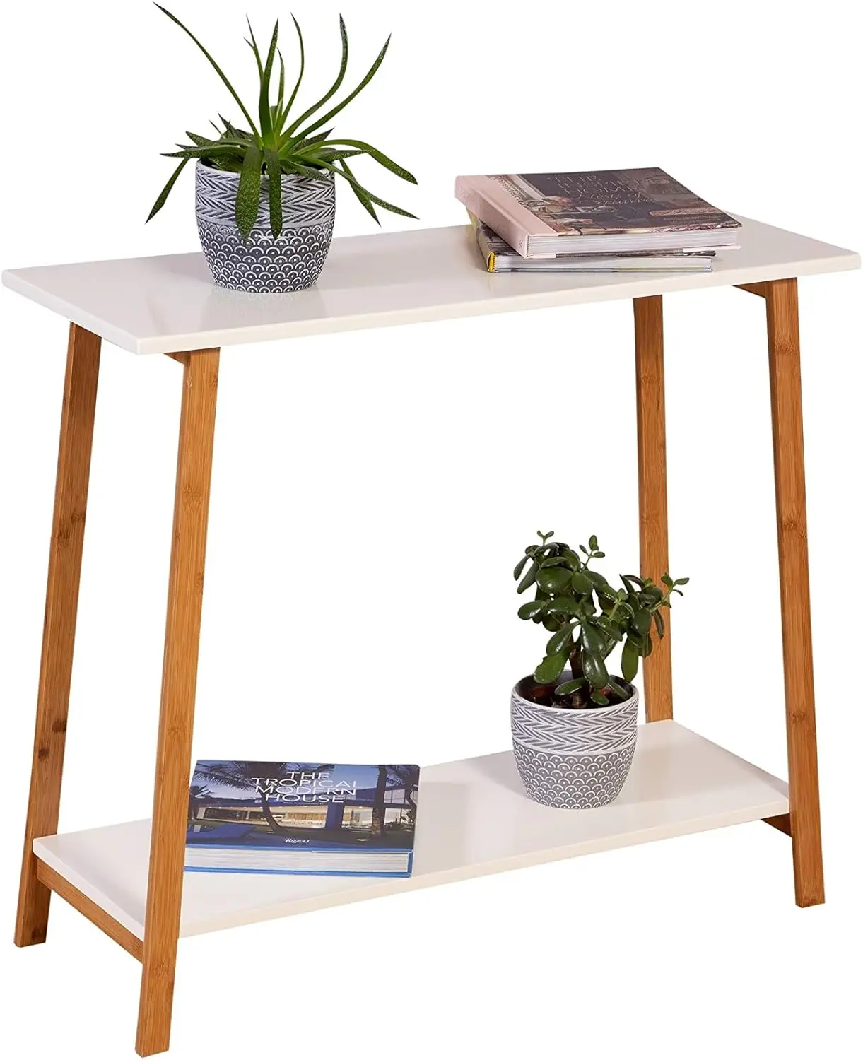 

2 Tier Solid Bamboo Frame Console Table White Modern Contemporary Rectangle Matte Acrylic side table End tables luxury design