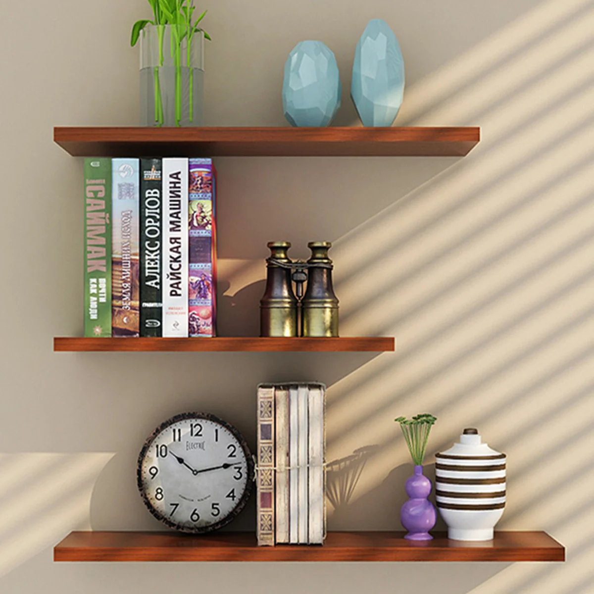 

Wall Mounted Single-Layer Bookshelf Solid Wood Teak Decorative Rack for Home Office Library Magazine File Organizer