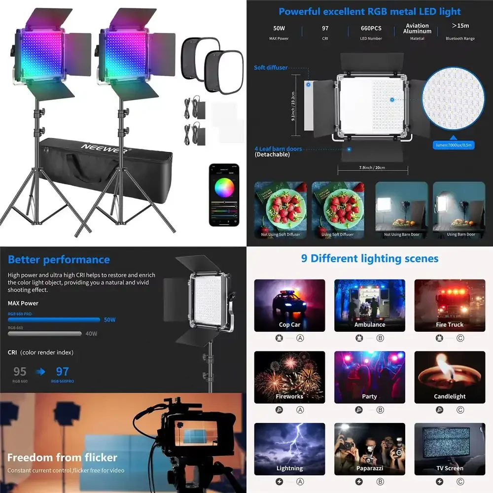 Neewer 2 Packs 530/660 PRO RGB LED Video Light with APP Control Softbox Kit 360 Full Color 50W Video Lighting CRI 97