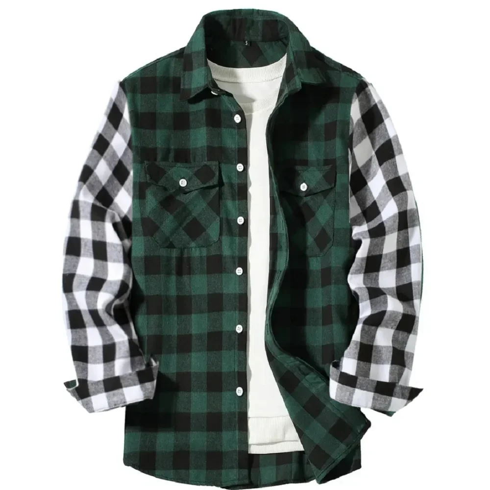 

2024 New Men's Stitching Shirts Button Regular Casual Plaid Shirt Long Sleeve Chest Double Pocket Design Classical Lattice Tops