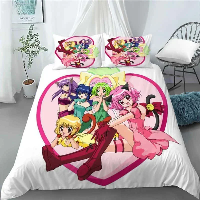 

Kawaii Gilrs Anime Tokyo Mew Mew Bedding Set Boys Girls Twin Queen King Size Duvet Cover Pillowcase Bed boys Adult Home Textiles