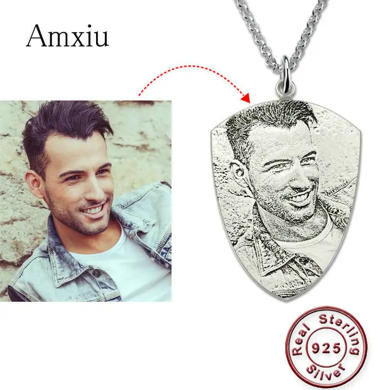 Amxiu 925 Silver Engraved Photo Necklace Custom Name Necklace Shield Pendant Necklace For Women MenChokers Personalized Jewelry