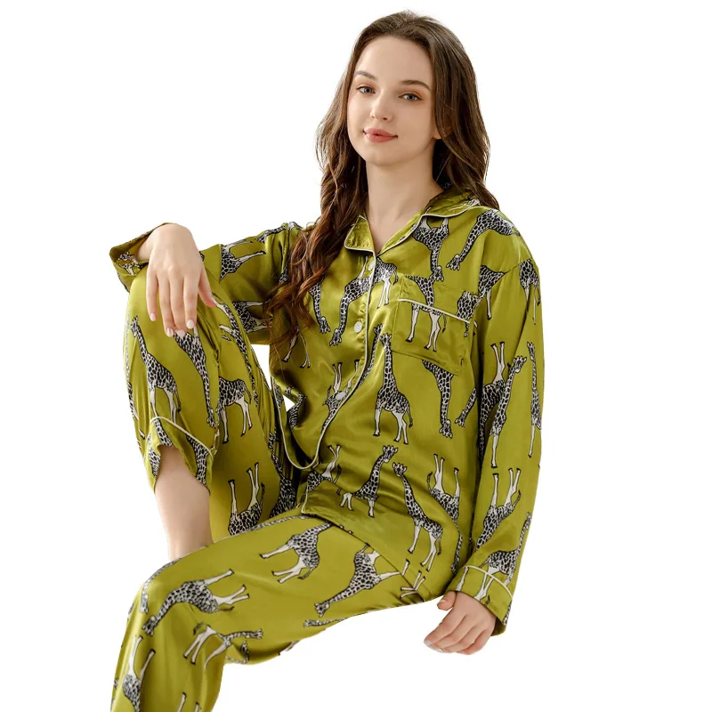 Women\'s Pajamas Sets Spring Autumn 2 Piece Giraffe Print Pyjama Faux Silk Satin Sleepwear Long Sleeve Pijama Mujer Pjs Homewear