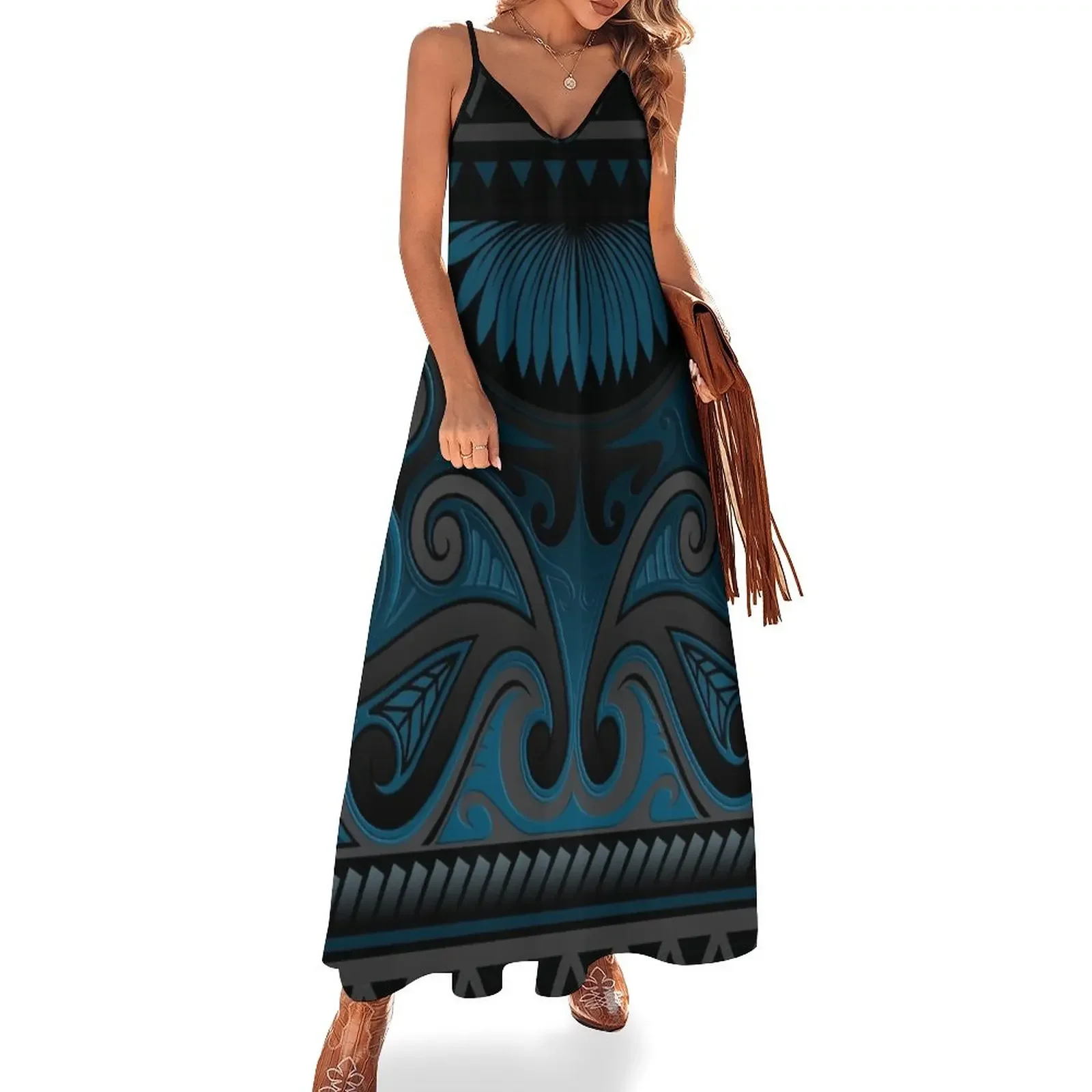 

Blue Grey Ornate Maori Design, New Zealand Sleeveless Dress sexy dress chic and elegant evening dress Women's summer suit