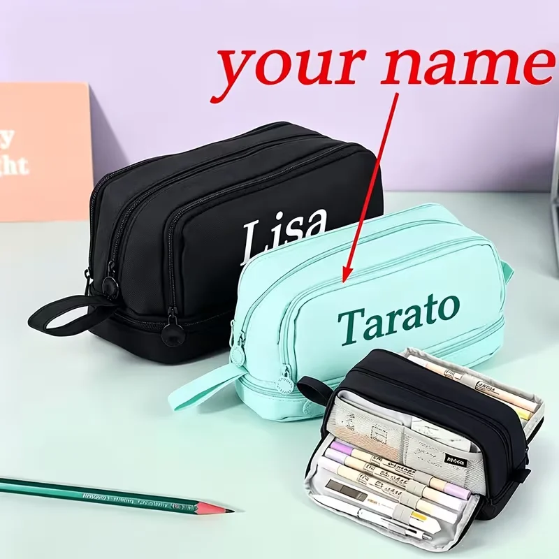 1pc Personalized Custom Name Large Capacity Pencil Case Multifunctional Stationery Organizer Student Portable Travel Makeup Bag Boys Girls Pencil Case Stationery Bag Student Macaron Color Double Window Multifunctional Pencil Bag Popular Study Stationery