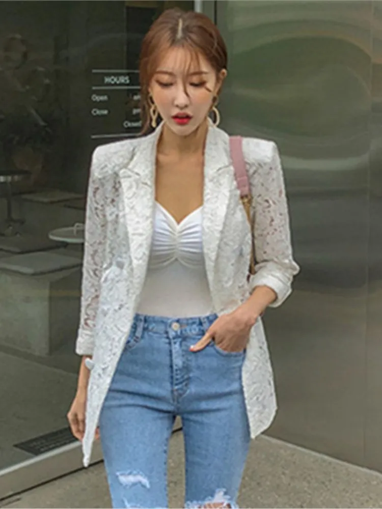 

Nice Summer Pop Korean Lace Blazer Women's Commuting Double-breasted Sexy Lace Coat Notched collar Casual OL Outwear