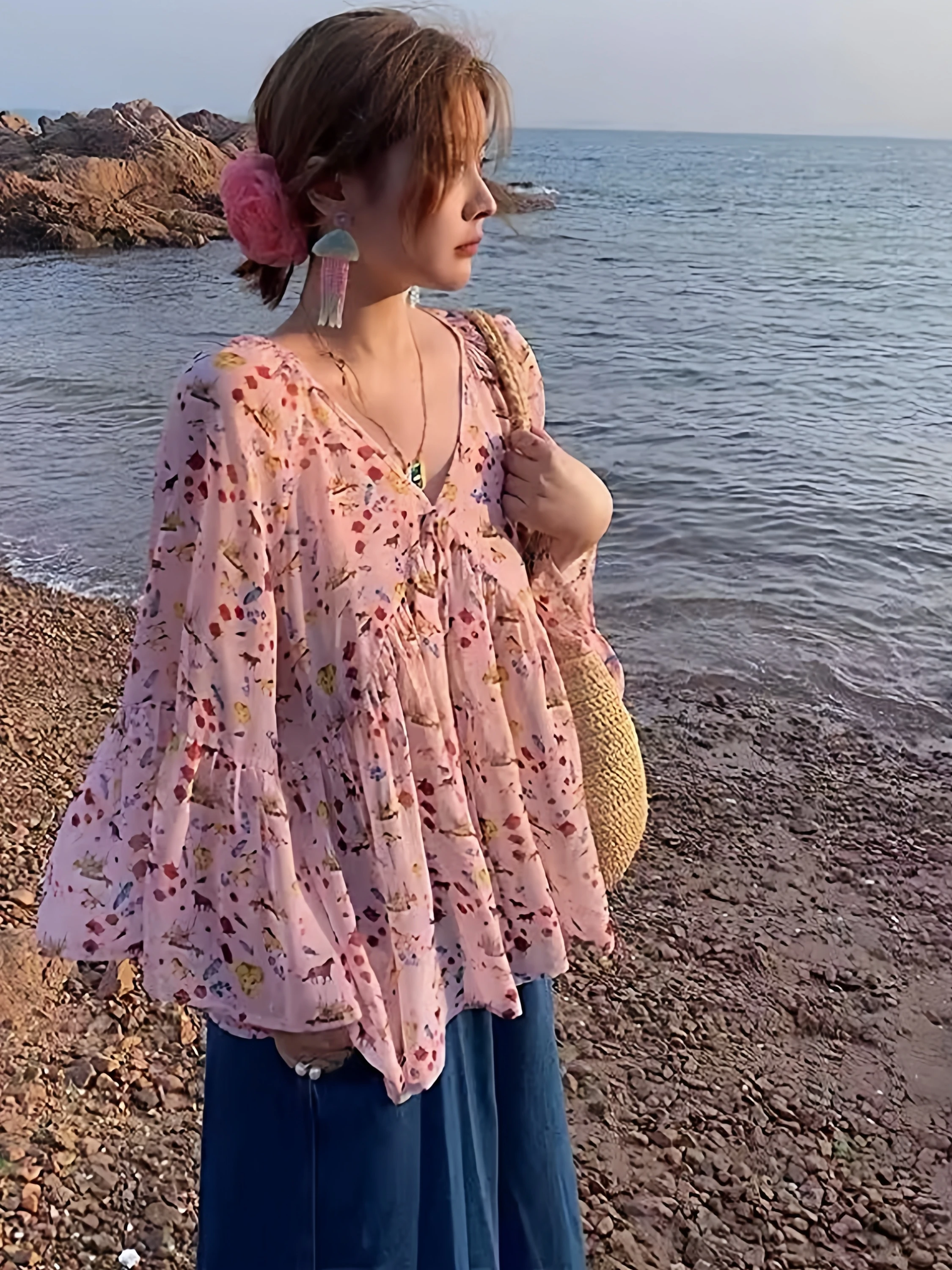 

plus Size 300 Pou Women's Sweet Floral Long Sve V-Ne irt Korean Sle Soft Chiffon Blouse for Holiday And Autumn