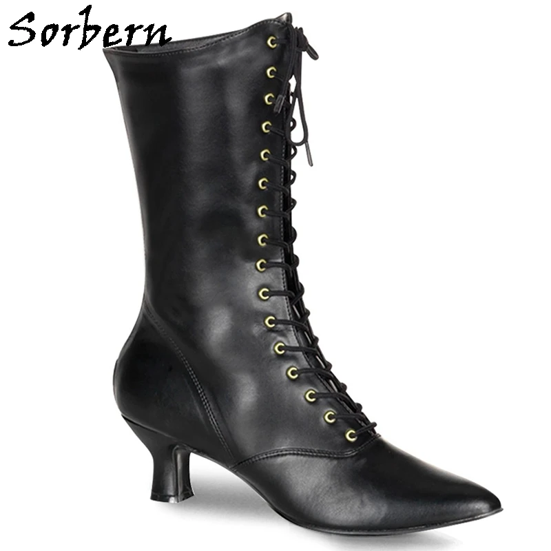 

Sorbern Fashion Low Kitten Heel Ankle Boots Women Pointed Toe Lace Up Lady Shoes Comfortable Heels Booties Short 6cm / 10cm