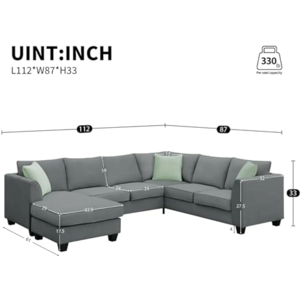 Bankbanken Woonkamersets, modulaire sectionele bank met 7 zitplaatsen en poef, 112 * 87 inch L-vormige hoekbank met 3 kussens