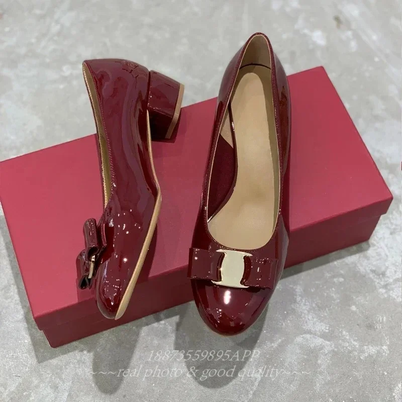 2025年 ファンシティン レディース リボン レザー シャイニーレザー ブロックヒール クラシックブランド 高品質 100% ハンドメイド フラットシューズ