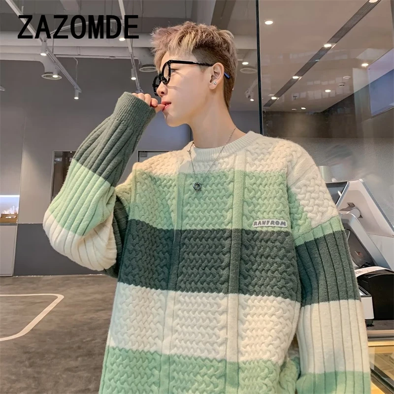 ZAZOMDE Striped Knit Sweater Men Autumn Winter New Style Japanese Vintage Trendy Brand Casual Pullover Knitted Top Clothing Men