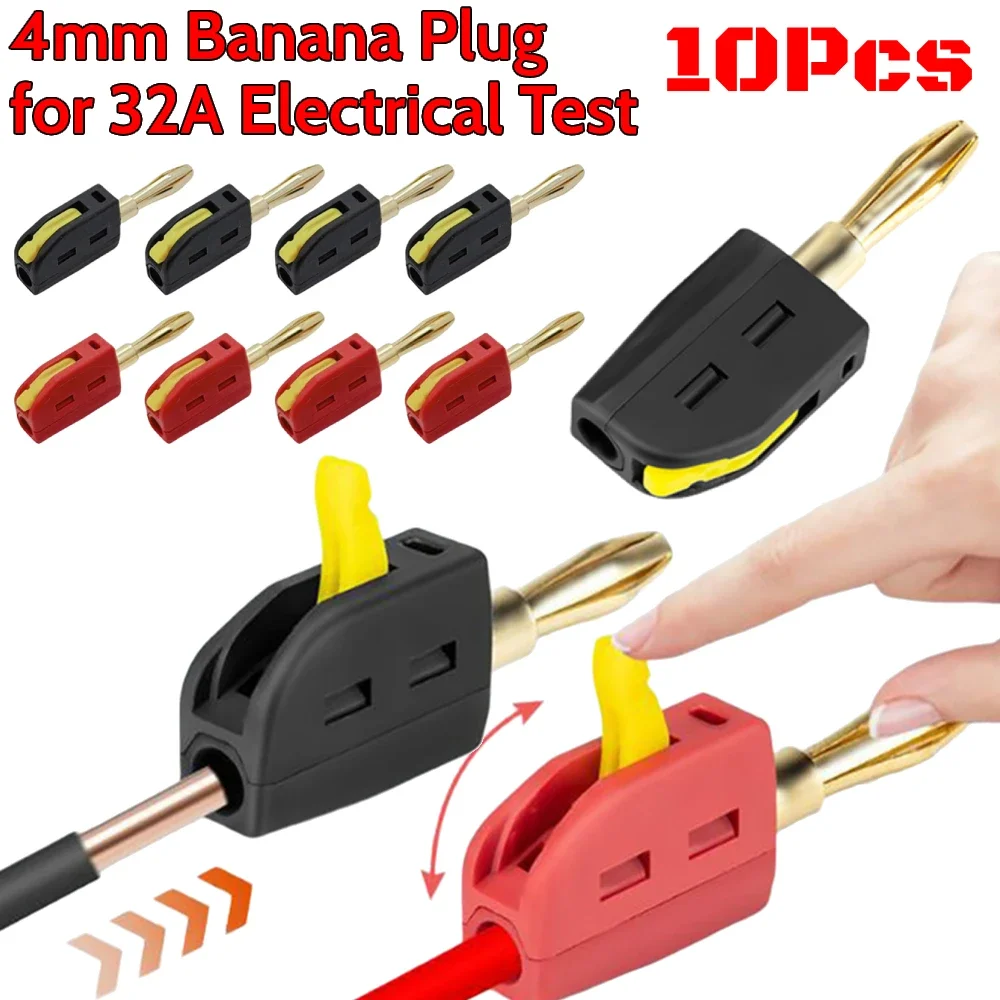

10Pcs 4mm High Current Plugs Solder-Free Gold-Plated Banana Connector Self-Locking Lantern Buckle Plug for 32A Electrical Test