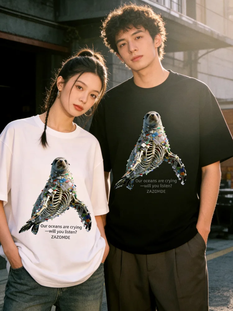 ZAZOMDE Eco Conscious Fashion T Shirt Marine Ecosystem Illustrations Breathable Cotton Big Sizes Comfortable Short Sleeve Tops