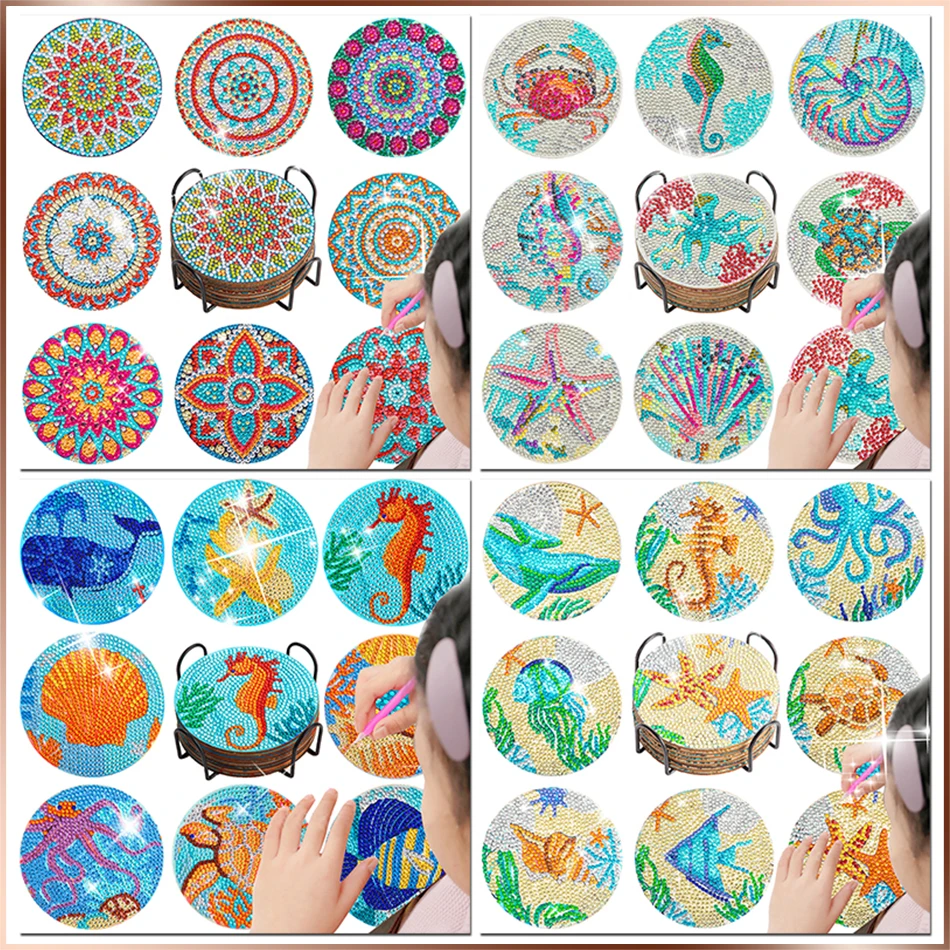 

GATYZTORY 8pc/sets Diamond Painting Coasters Kits 5D Ocean Drinks Flower DIY Coaster Diamond Art Kits For Adults Beginners Gift