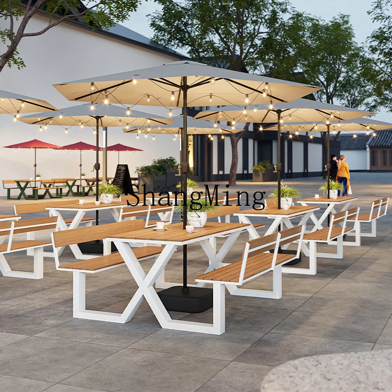

SM outdoor plastic wood with backrest table and chair combination with parasol milk tea shop one-piece dining table and chair