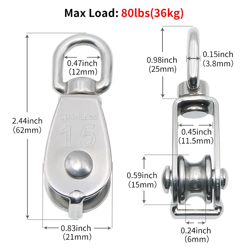 2-6PCS M15 stainless steel pulleys, single pulley with M5 climbing buckle rotatable rope, lifting tool