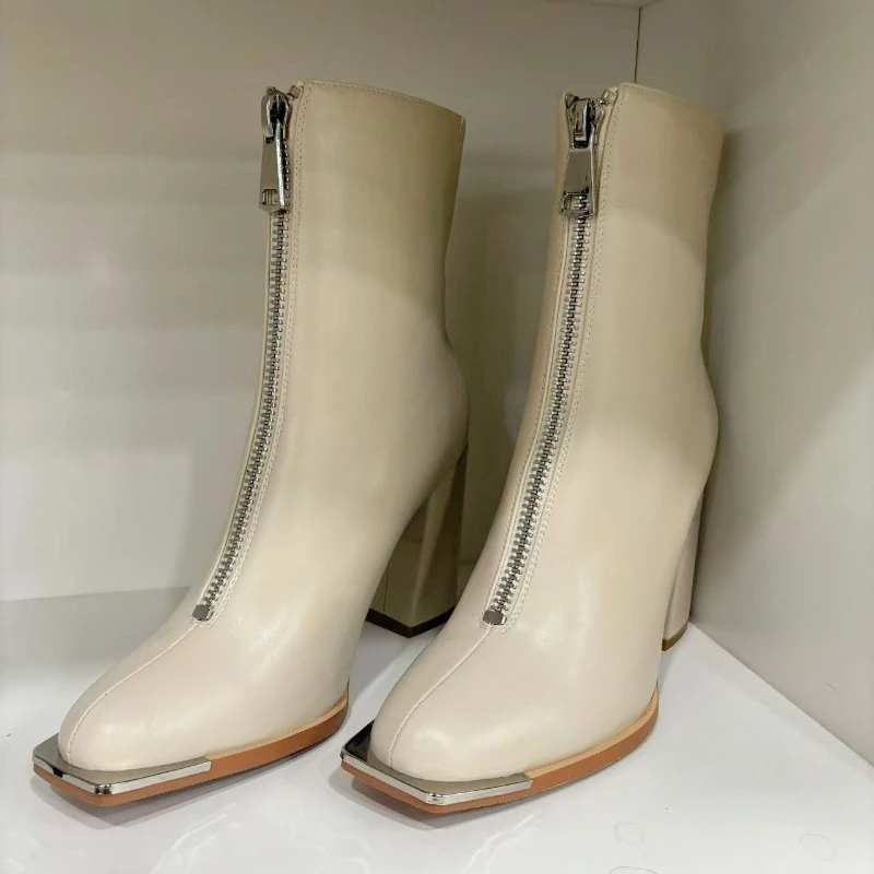 

Новые модные короткие ботинки с острым носком и молнией спереди, европейские и американские толстые черные, коричневые повседневные женские ботинки на высоком каблуке