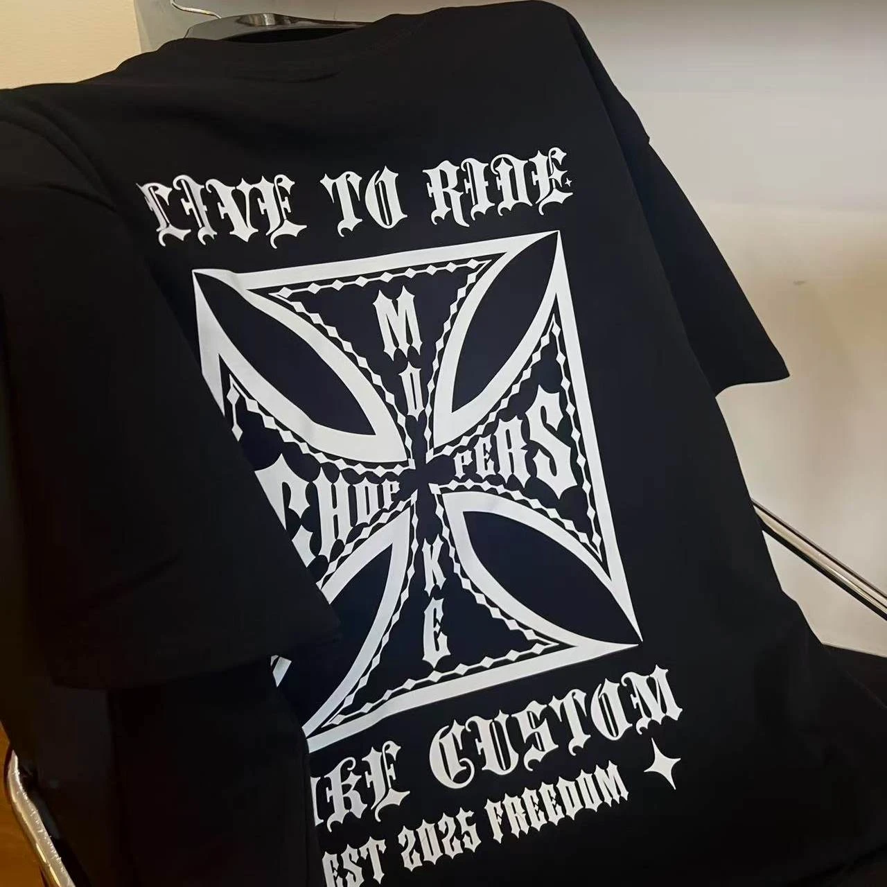 2026 Trendy Brand Iron Cross Motorcycle Print Combed Cotton Loose Casual Men's and Women's Short-sleeved T-shirts